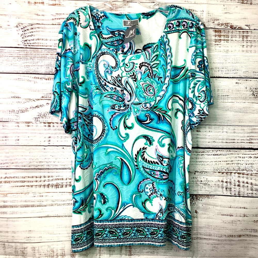 NEW JM COLLECTION PLUS SIZE 2X  TOP AQUA BLUE PAISLEY SUMMER VACATION BLOUSE NWT